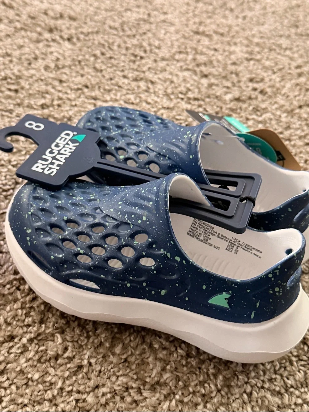 Rugged Shark Kids Navy Blue Slip-On Water Shoes with Green Speckle